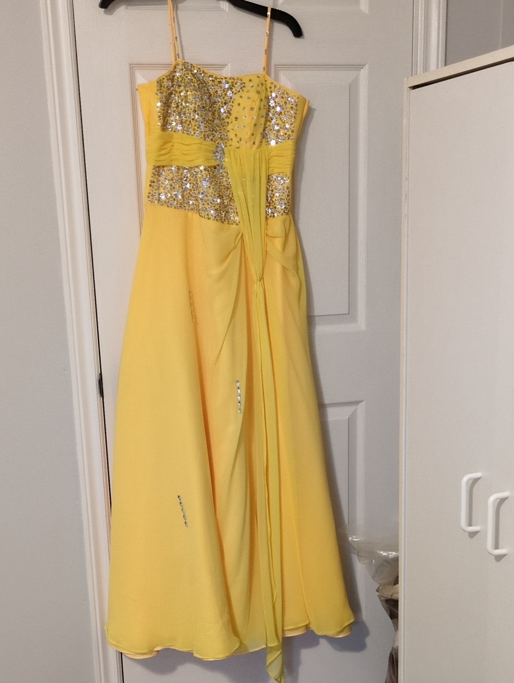 Yellow Spaghetti Strap Sequin Evening Gown